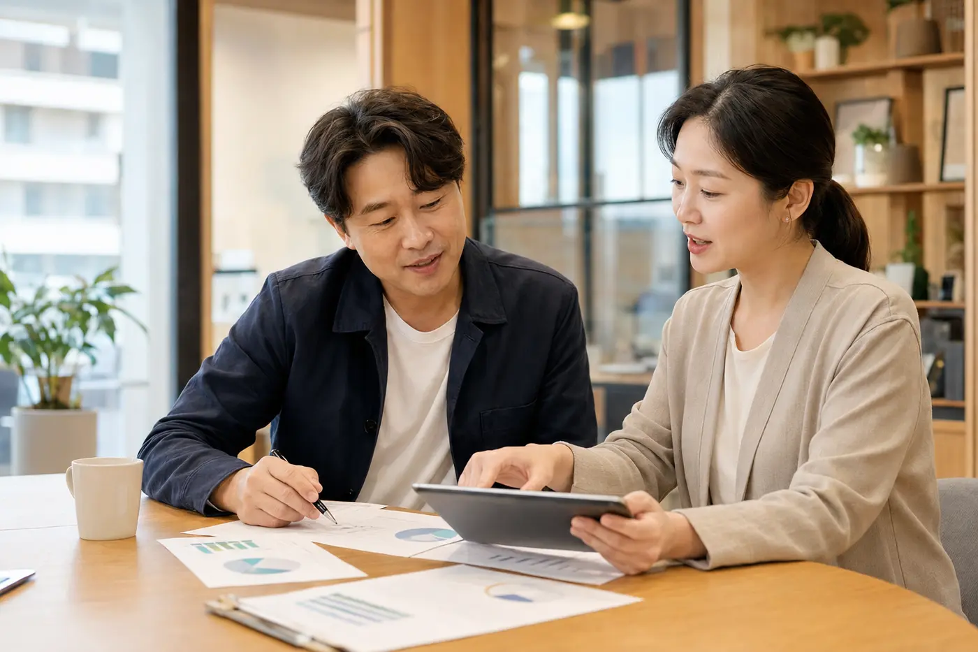 한국 예비창업자와 전문가가 창업계획을 상담하는 모습